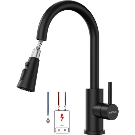 Robinet de cuisine à basse pression, couleur noir, extensible avec 3 types de jet, mitigeur en acier inoxydable avec 3 connexions, robinet pivotant à 360° (1/5)