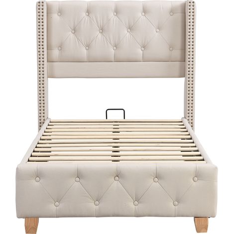 Lit rembourré 90200 cm avec sommier à lattes et tête de lit, capitonnage à boutons, clous décoratifs, pieds en bois, lin, beige (1/5)