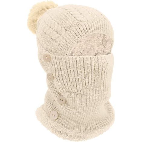 Ensemble bonnet et cache-cou chauds en maille pour l'hiver, avec pompon en fausse fourrure, doublure en polaire douce et masque facial ajustable (beige, 56-58 cm) (1/5)