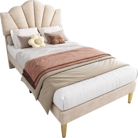 Polsterbett 90x200 cm mit höhenverstellbarem Kopfteil, Samtbett Einzelbett in Muscheloptik mit Holzlattenrost und goldenen Füßen, Beige (1/5)