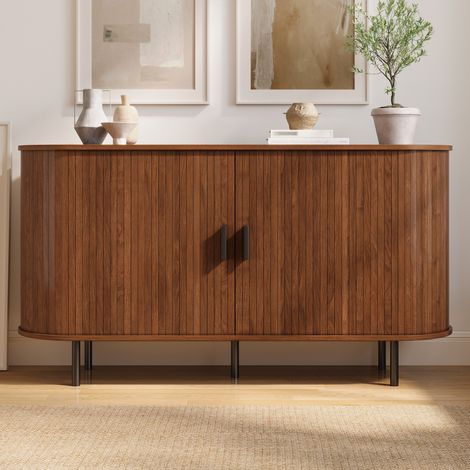 Buffet 140x40x75 cm avec 2 portes coulissantes rainurées, bords arrondis, 4 compartiments et niches latérales, pieds métal noirs (1/5)