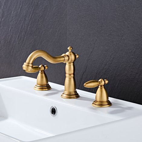Robinet de salle de bain antique en laiton brossé doré européen , robinet d'eau chaude et froide à double poignée , robinet rétro avec tuyau (1/5)