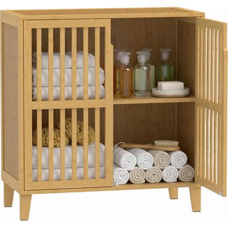 HOMCOM armario de baño de bambú, mueble auxiliar de baño con 2 puertas ventiladas y estante ajustable, 72x35x78,8 cm, para cocina, salón, natural (1/5)