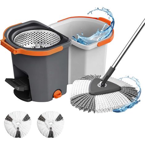 Relaxdays Wischmopp Set, 14.5 l Eimer & Schleuder, stapelbar, Pedal, HBT: 27x30x54,5 cm, 2x Mikrofaser-Moppköpfe, grau (1/5)