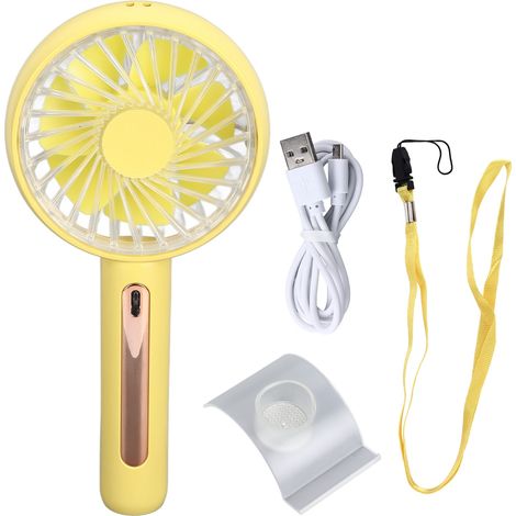 Mini ventilateur portable main 4 vitesses USB avec support téléphone pour bureau jaune (1/5)