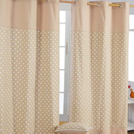 HOMESCAPES Cotton Stars Beige Ready Made Eyelet Curtain Pair, 117 x 137 cm Drop