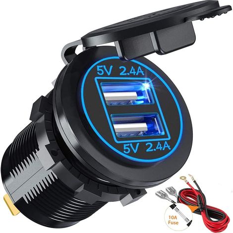 Allume-cigare USB, double prise USB 4,8 A 12 V, prise de charge USB étanche 5 V/2,4 A avec indicateur LED pour véhicules 12 V/24 V, camions, caravanes, bateaux, motos et bateaux. (1/5)