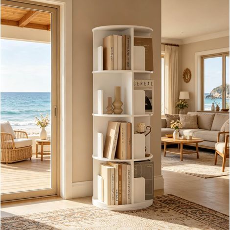 Bibliothèque pivotante blanche 44 x 44 x 126 cm en bois d’ingénierie HAVRYA (1/4)