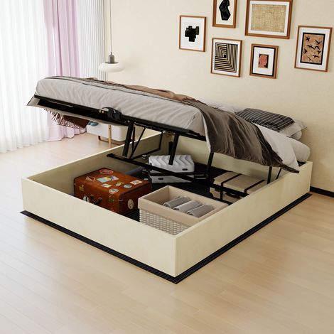 Cadre lit minimaliste moderne 160x200CM, beige, velours hollandais, vérins à gaz, moderne, tête de lit et matelas non inclus (1/5)