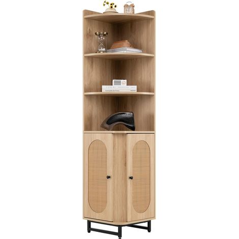 GOPLUS Bibliothèque d'angle Autoportante, Armoitr Haute Rustique avec 2 Portes en Rotin PE, 4 Etagères Ouvertes, Kit Anti-basculement, Etagère d'angle pour Salon, Chambre, 40x40x172cm (1/5)
