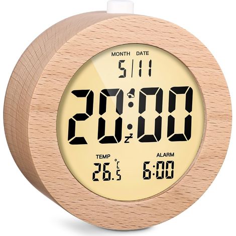 Wecker, runde digitale Holzuhr mit LCD-Display, Datumsanzeige, Temperaturanzeige, Hintergrundbeleuchtung, Schlummerfunktion und Morgenalarm