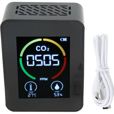 CO₂-Detektor, Kohlendioxid-Monitor, Infrarot-Luftqualitätssensor mit Temperatur- und Feuchtigkeitsmessung, Schwarz