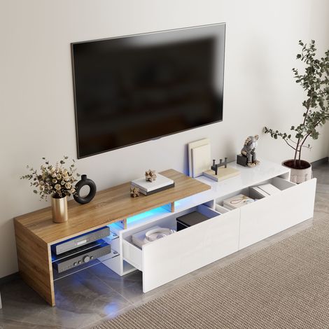 Mobile TV 170 x 33 x 33,5 cm con ripiani in vetro e LED 16 colori bianco e legno DESVIAE (1/5)