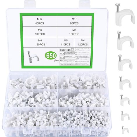 Lot de 650 colliers de serrage à clous, serre-câbles, serre-câbles muraux, colliers de serrage à vis, crochets de fixation de câbles, support mural pour câbles électriques (4 mm à 12 mm, blanc) (1/5)