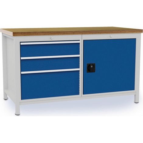 Banco de trabajo L1500xF750xH859mm haya multiplex gris claro azul señal 3 cajones, 1 puerta