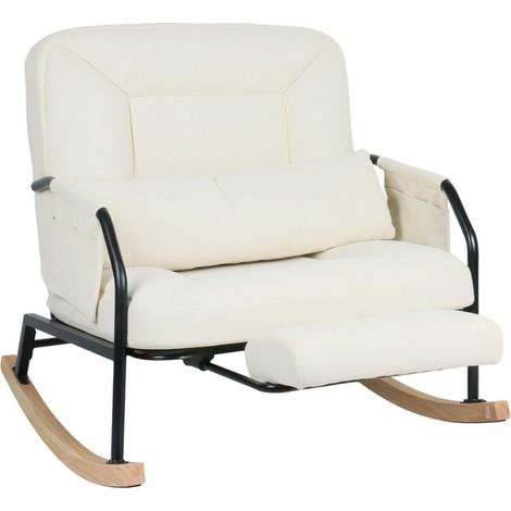 Beige Cord-Schaukelstuhl mit integrierter Fußstütze – die perfekte Kombination aus Komfort und Entspannung.