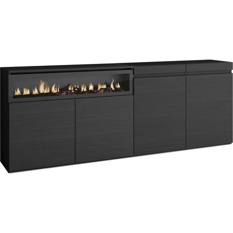 Aparador Benarrabá-01 de 200x75x35 cm con 4 puertas, chimenea y luces LED, color negro (1/4)