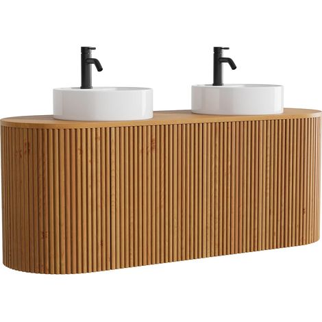 Mobile lavabo sospeso in teak con doppio lavabo da appoggio rotondo e rubinetteria Naturale chiaro 150 cm - TOWARI (1/5)