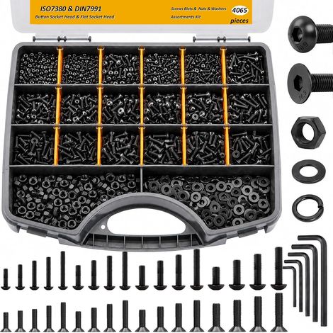 Coffret visserie 4065 pièces vis six pans creux noires classe 10.9 acier carbone Boulons tête bombée & tête fraisée, écrous rondelles + clés allen (1/4)