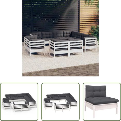 Terrassensofa - 11-tlg. Garten-Lounge-Set mit Kissen Weiß Massivholz Kiefer (1/5)