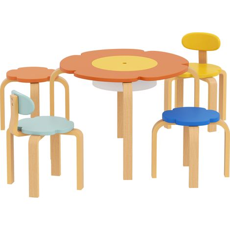 Ensemble table et chaises pour enfants (5 pièces), avec sac de rangement, motif floral, idéal pour la salle de jeux ou la chambre d'enfant, en bois coloré.