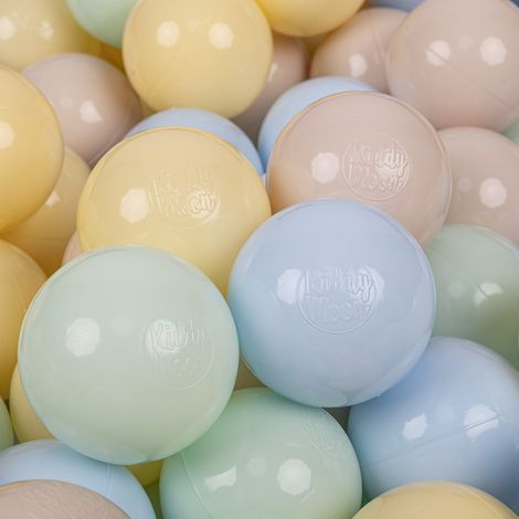 Juego de 50 pelotas de plástico KiddyMoon de 7 cm en colores beige pastel, azul pastel, amarillo pastel y menta.