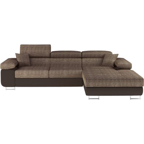 Canapé d'angle convertible AMANDA beige e cioccolato – Tessuto effetto lino – Angolo destro (1/5)