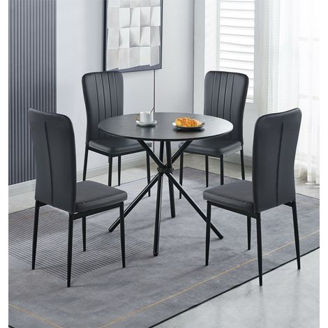 Hallowood Furniture Cullompton Small Kitchen Table and Chairs Set 4, Black Round Dining Table with Wooden Effect Top & Black Faux Leather Dining Chairs for Home and Cafe (1/5)