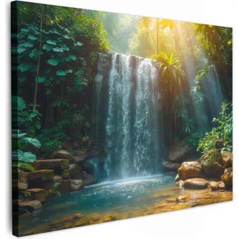 TABLEAU SUR TOILE Cascade - Jungle - Soleil - Vert - Nature Décoration Murale 40x30 cm