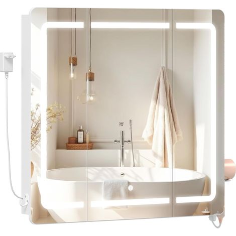 Specchio Bagno Contenitore, con Grande Specchio, Illuminazione a LED, Specchio a 3 Ante Pieghevole, Porta Asciugacapelli e Ganci, Ripiano Regolabile, Bianco (1/5)