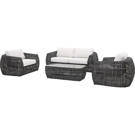 Salon de jardin en résine tressée : un canapé de jardin 2 places, 2 fauteuils et 1 table basse - Anthracite avec coussins blancs - VEYRO de MYLIA