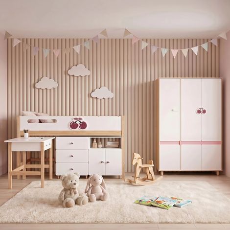 Set Cameretta GINGER HOME CHERRY con Letto Combinato 90×200 cm, Scrivania, Cassettiera, Mobile e Armadio a 3 Ante (1/5)