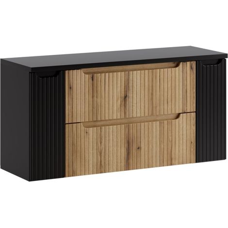 Hängendes Badezimmer-Set VANO in hellem Eichenholz und Schwarz 120cm: Unterschränke mit Schubladen und Schränken + Platte für Waschbecken