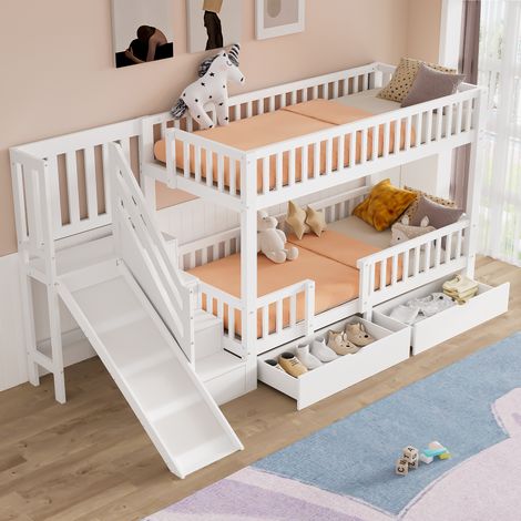 Lit superposé enfant 90x200 cm en bois blanc, toboggan, gain de place, sans matelas – MEUBLIV (1/5)