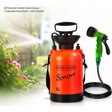 Toivize Spruzzatore da giardino da 5 litri - Pneumatico portatile - Per irrigazione e lavaggio auto - Robusto in PP con 7 modalità di spruzzo e valvola di sicurezza (1/4)