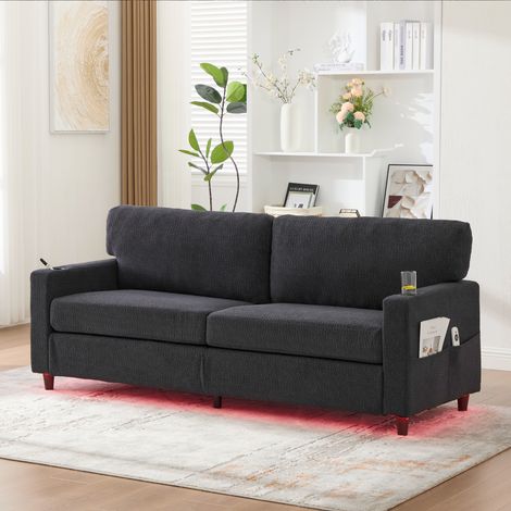 Sofa 2-Sitzer aus Chenille dunkelgrau 203 cm mit USB-C, LED, Getränkehaltern und Seitentaschen
