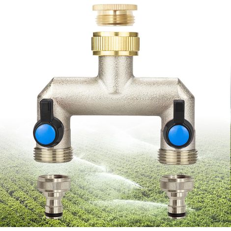 Distributeur d'eau à 2 Voies, Distributeur d'eau 2 Voies en Laiton, Adaptateur Tuyau Arrosage, Tap Splitter pour Jardin à la Maison Extérieur Régler et Arrêter Le Débit D'eau (2 Voies) (1/5)