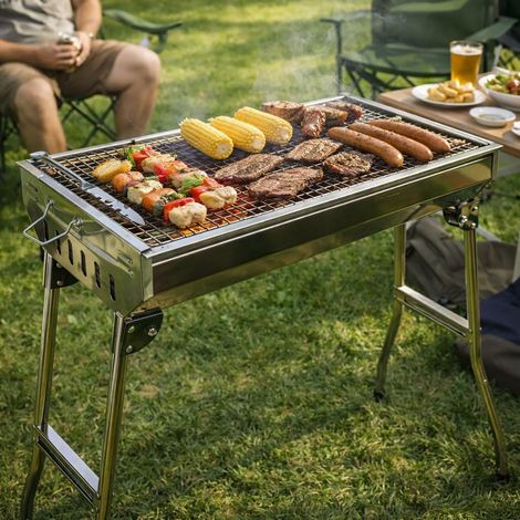 Portable Charcoal BBQ Grill Half Barrel Folding BBQ, Large Camping Barbecue with Stainless Steel Split Grill Design