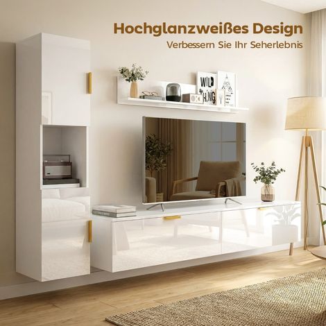 Meuble TV flottant avec portes pliantes,180 cm, blanc brillant
