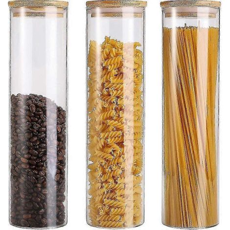 Lot de 3 bocaux en verre pour pâtes - 1 litre (36 oz) - Bocaux hermétiques en verre avec couvercles en bambou, grands bocaux à spaghetti (1/5)