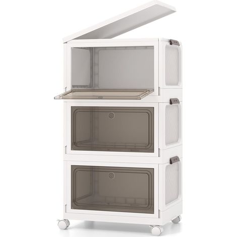GOPLUS Lot de 3 Boîtes de Rangement Empliable, Portes Transparentes & 4 roulettes Universelles 2 Ouvertures, Armoire Pliable en PP avec Convercle pour Stockage & Présentation, pour Chambre (105 L) (1/5)