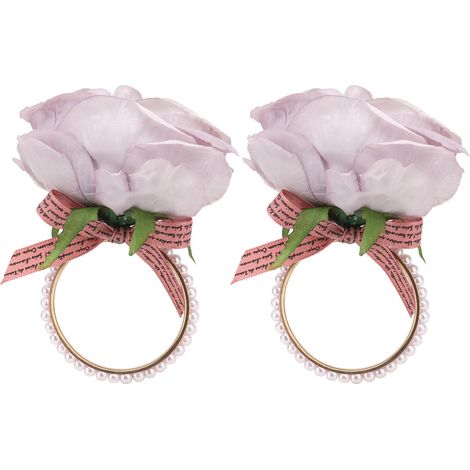 2 pièces anneau de serviette en fer avec fleur simulée et perle artificielle pour hôtel et fête, violet (1/5)
