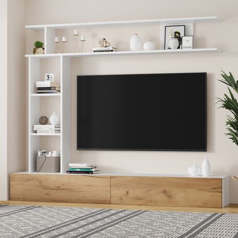 Ensemble mural TV 180x35x22,5 cm avec vitrines et meuble multimédia,étagère murale adapté TV jusqu’à 80 pouces blanc et bois.