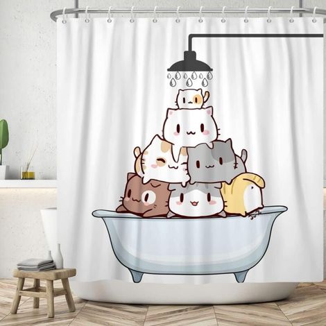 Cat Shower Curtain, Cartoon Cat in Bathtub Shower Curtain, Waterproof, Funny Animal Pets Shower Curtains, Washable MUMU (1/4)
