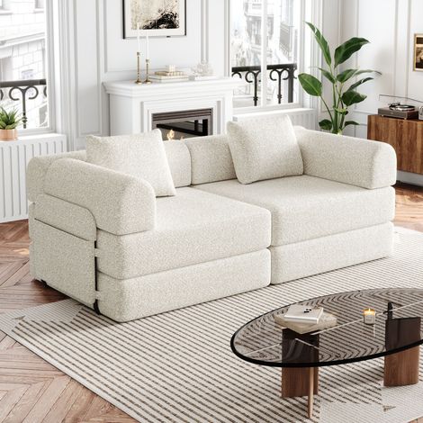 Canapé convertible 2 places 184x91x70 cm, 2 en 1 en chenille avec espace de rangement dans les accoudoirs, cadre en métal - Beige