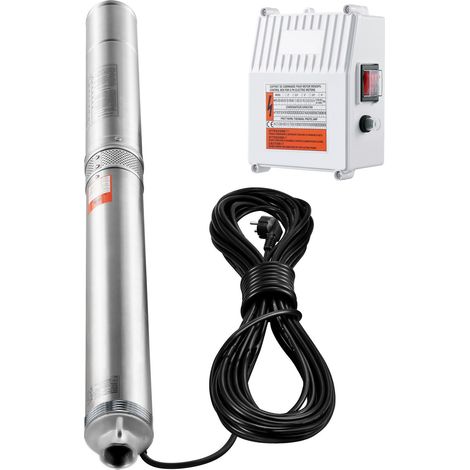 Pompe immergée de puits profond, 1500W, 230V, 60Hz, débit 9,8 m³/h, hauteur 108 m, câble 19,4 m, coffret de commande externe, acier inoxydable, IP68, usage industriel, irrigation et domestique. (1/5)