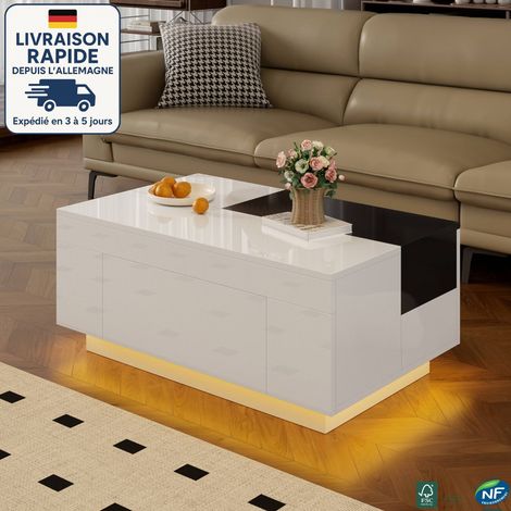 MODFU - Mesa de centro rectangular LED con 1 cajón, mesa auxiliar para sofá, mesa de salón o dormitorio, MDF, 80×50×35 cm, color blanco (1/5)