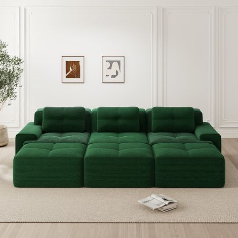 Canapé droit-Convertible-Lit intégré-Velours côtelé vert-3 Poufs inclus-293x177x69cm (1/5)