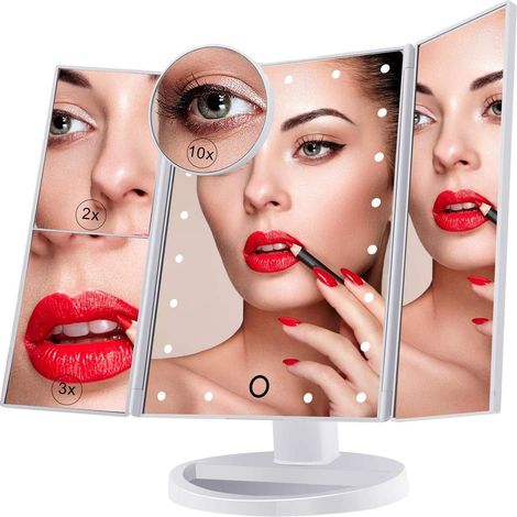 Dreifach vergrößernder Kosmetikspiegel mit 21 LEDs, 10x/3x/2x beleuchteter Spiegel mit Touchscreen, dualem Netzteil, 180° drehbar