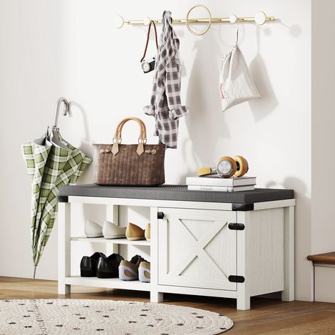 Scarpiera con seduta, scomparti per 7 paia di scarpe, ideale per ingresso, soggiorno e camera da letto. Dimensioni: 100x40x48 cm, colore bianco/grigio.